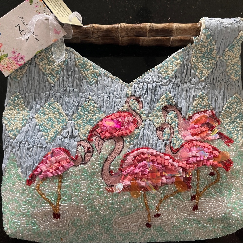 Pink Flamingo Beaded Wristlet Clutch